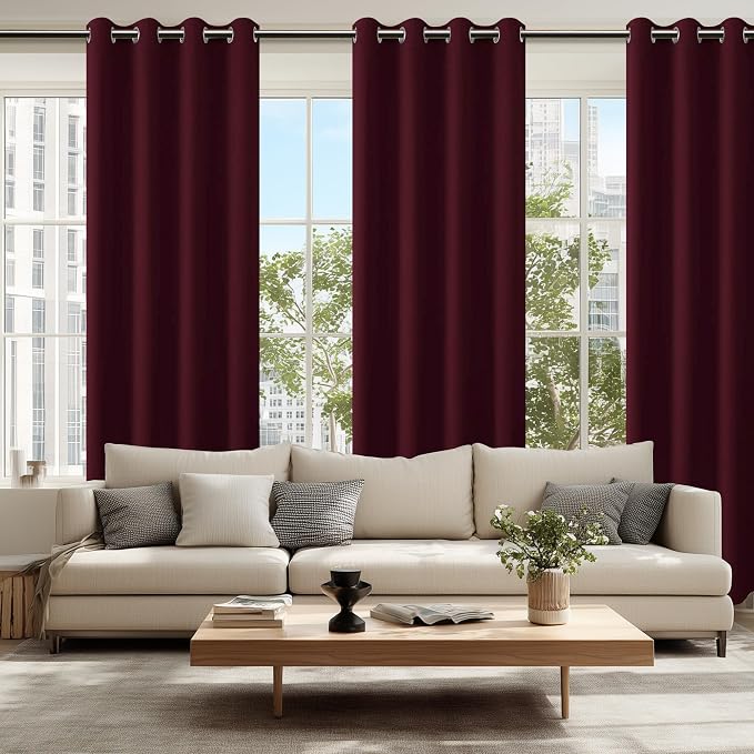 Hiasan Blackout Curtains for Bedroom, 52 x 84 Inches Long - Thermal Insulated & Light Blocking Window Curtains for Living Room Christmas Decor, 2 Drape Panels Sewn with Tiebacks, Burgundy