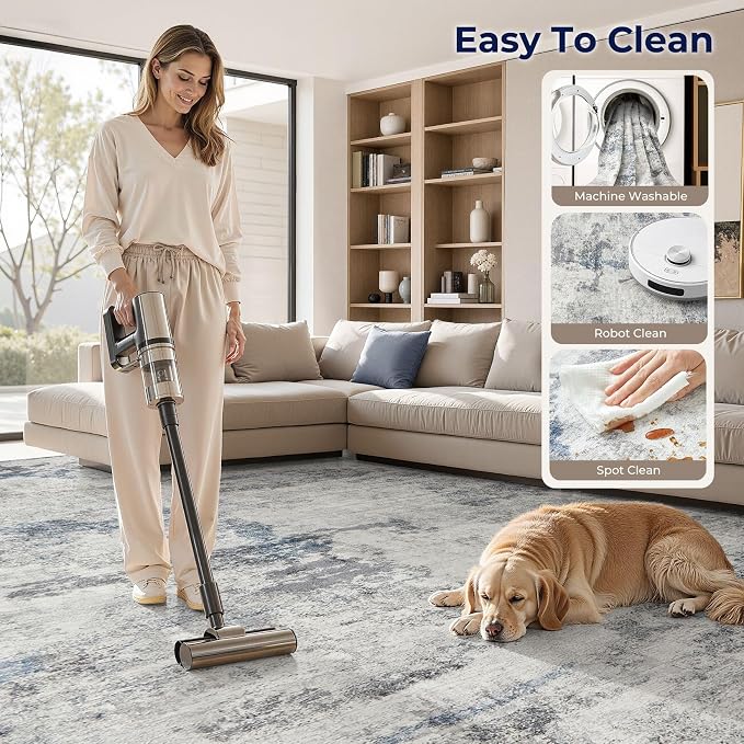 DMOYEST 9x12 Area Rug for Living Room, Washable & Non Slip Large Indoor Carpet, Kid & Pet Friendly Soft Thin Low Pile Abstract Rug for Bedroom and Office - Grey Blue