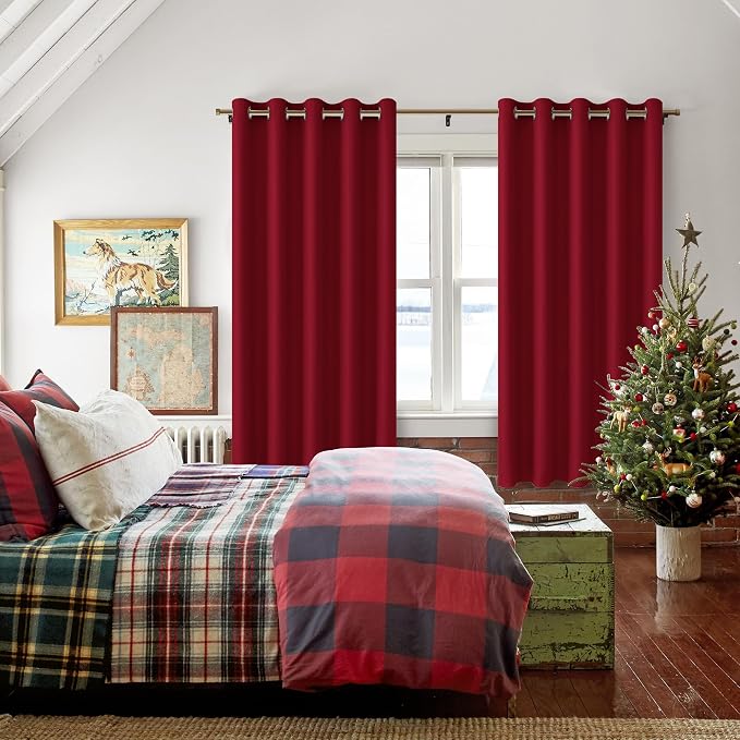 Hiasan Grommet Blackout Curtains for Bedroom, 60 x 72 Inches - Thermal Insulated & Light Blocking Window Drapes for Living Room/Dorm Room, Set of 2 Panels Sewn with Tiebacks, Christmas Red