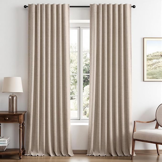 MIULEE 100% Blackout Linen Curtains for Bedroom 42 x 96 Inch Beige 2 Panels | Thermal Insulated, Room Darkening Drapes for Living Room, Back Tab Rod Pocket Pinch Pleated, Solid Luxury Decor
