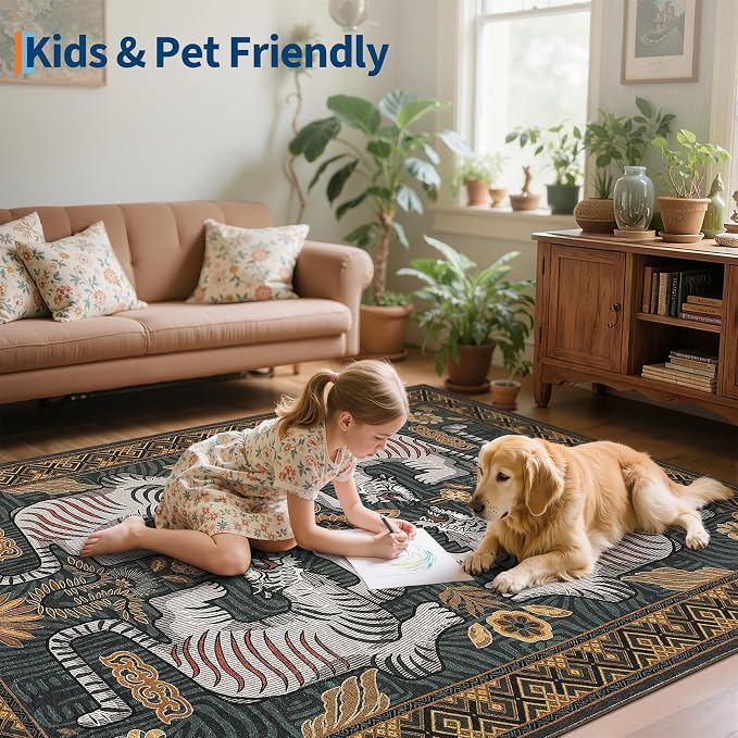GarveeHome Tiger Print 2'x6' Washable Non Slip Runner Rugs for Hallways, Boho Blue Kitchen Runner Ultra Thin Soft Vintage Tribal Indoor Throw Floor Carpet for Entryway Bedroom Bathroom