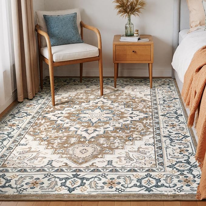 Lessymo Washable Area Rugs 6 x 9, Boho Area Rug Low Pile for Bedroom Living Room Kitchen, Ultra-Soft Faux Wool Vintage Area Rug with Non-Slip Rubber, Kid & Pet Friendly, Brown Beige