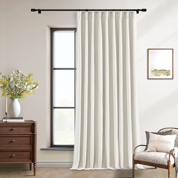 Natural Pinch Pleat 100% Blackout Linen 120 Inch Long Curtains 60 Inch Wide | 2 Layers Design, Thermal Insulated Black Out, Cream Ivory, Extra Wide Curtains for Sliding Door Living Room Bedroom 1 Panel