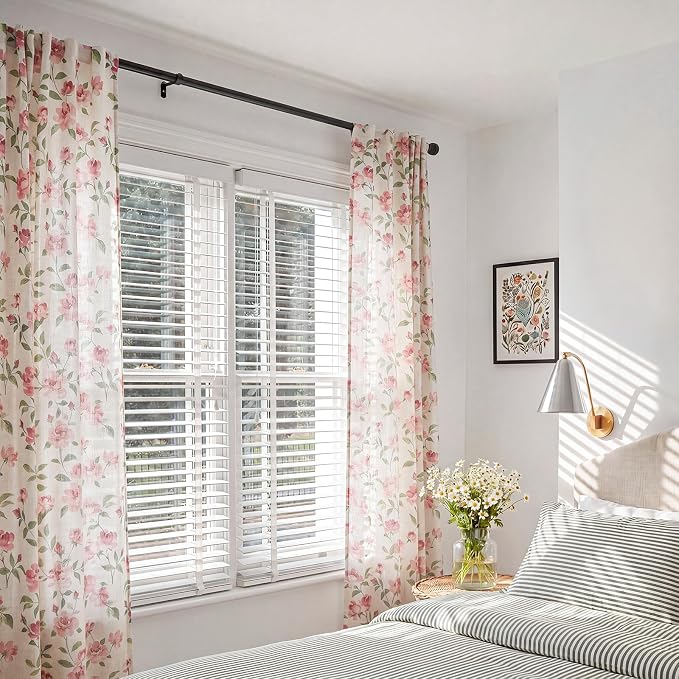 jinchan Pink Floral Linen Curtains 84 Inch Cottagecore Back Tab 2 Panels | Light filtering drapes, semi sheer, farmhouse, watercolor, romantic, living room, bedroom, rod pocket, window treatment