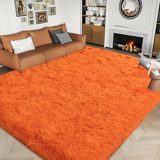 Dssimo Orange Rug for Bedroom Living Room, 9x12 Soft Shaggy Area Rugs | Large Plush Fluffy Upgrade Non-Slip Burnt Orange Rug for Nursery Kids Room Dorm Room Home Decor, Indoor Plush Floor Carpet