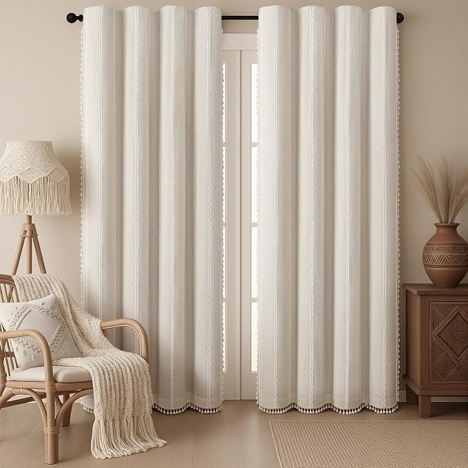 Ivory Boho Blackout Curtains 2 Panels 84 Inch for Living Room Bedroom, Beige Linen Texture Farmhouse Curtains with Tassels and Cotton Embroidery Vintage Rustic Western Rod Pocket