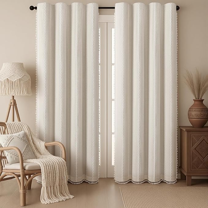 Ivory Boho Blackout Curtains 2 Panels 90 Inch for Living Room Bedroom, Beige Linen Texture Farmhouse Curtains with Tassels and Cotton Embroidery Vintage Rustic Western Rod Pocket