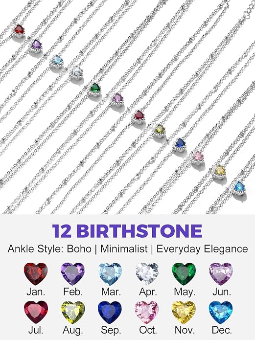 Richsteel Double Layer Heart/Butterfly Birthstone Anklet for Women Non Tarnish Waterproof, Silver/Gold/Black Stainless Steel 8.5-10.5 Inch Adjustable Chain Anklets Jewelry Gifts for Her