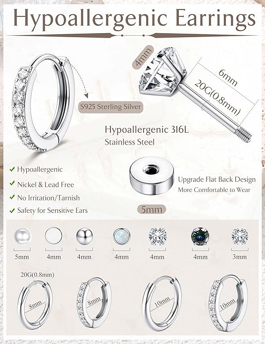 Jstyle Hypoallergenic Stud Hoop Earrings for Women Small Flat Back Surgical Stainless Steel Earrings for Sensitive Ears Trendy Silver Hoops Cartilage Earring Stacks Set Multiple Piercing Jewelry Gifts