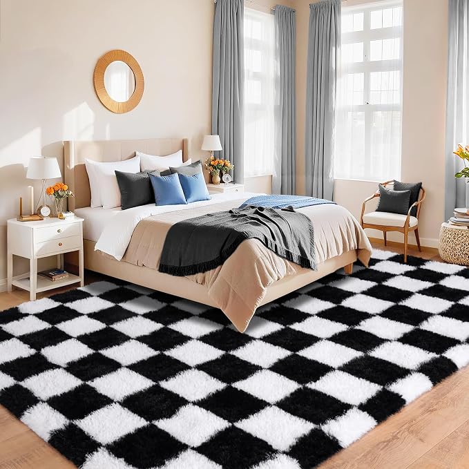 Pionblank 8x10 Area Rugs for Living Room, Fluffy Plush Checkered Rug for Bedroom, Modern Shag Non Slip Soft Furry Large Carpet for Kids Room Nursery Home Decor, Black and White