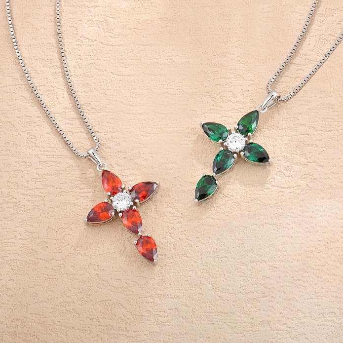 Cross Necklace for Women 925 Sterling Silver Teardrop Birthstone Pendant Religious Jewelry Gifts for Women