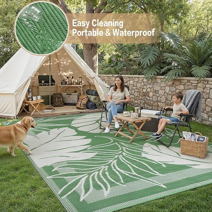 HUGEAR 6'x9' Outdoor Rug Waterproof Plastic Straw Rugs Green Reversible Olive Leaf Mat Floor Carpet for Camping RV Deck Entryance Porch Picnic Balcony Beach Backyard