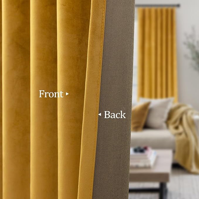 Gold Velvet Curtains 96 Inch Long 2 Panel for Living Room Dining Area Soft Luxury Home Decor Thermal Insulated Dark Out Drape Privacy Darkening Curtain for Bedroom Vintage Wall Backdrop Golden Pumpkin