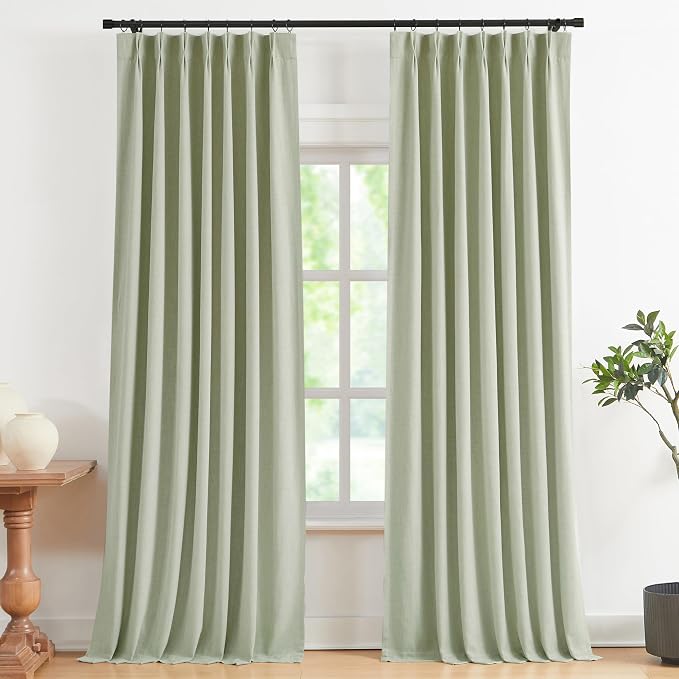 Vision Home Soft Green Pinch Pleated Full Blackout Curtains Linen Blended Room Darkening Curtain Panels 95 inch for Living Room Bedroom Thermal Insulated Pinch Pleat Drapes with Hooks 40" Wx95 Lx2