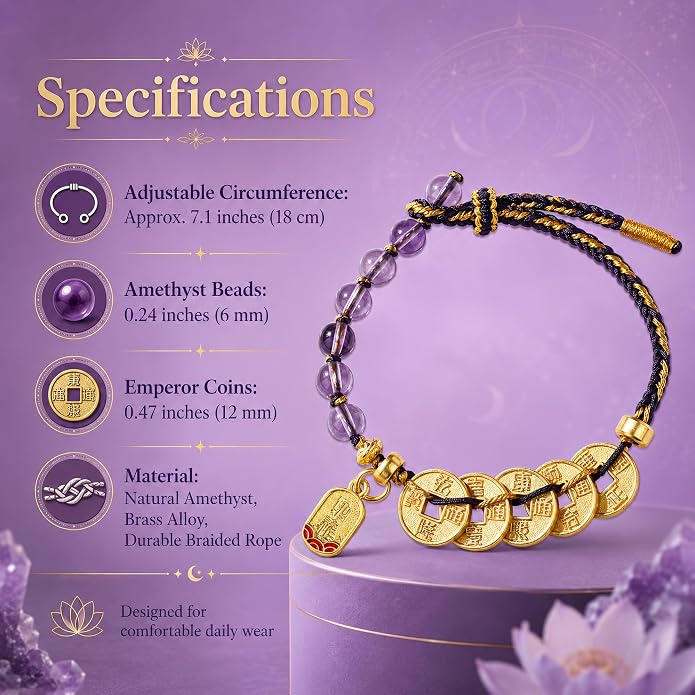 Feng Shui Bracelet with Five Emperor Coins, Beads Amulet for Wealth & Good Luck, Spiritual Protection Jewelry, Adjustable Ha