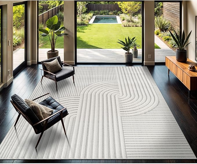 CAMILSON Modern Rug 9x12 Luxury Swirl Curved Large Micro Loop Area Rugs Soft High-Low Pile Stain Resistant Easy to Clean Non-Shedding Durable Living Room Kitchen Indoor Carpet (White)