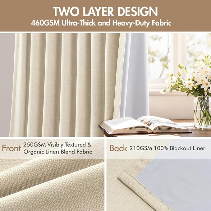 MIULEE Pinch Pleated 100% Blackout Curtains 40"x102" Long Cream 4 Panel Set | Thick Linen, Memory Trained Pleat, Back Tab Double Layer Drapes, Thermal Insulated, Curtain for Bedroom Living Room Darkening
