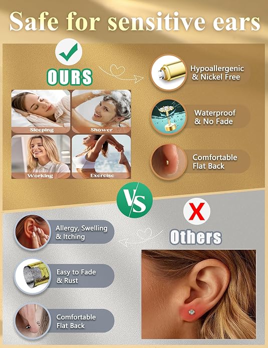 Incaton Hypoallergenic Flat Back Earrings for Women 14K Gold Stainless Steel Earrings for Sensitive Ears 20G Cartilage Earring Stacks Huggie Hoops Flatback Stud Earring Sets for Multiple Piercing Silver