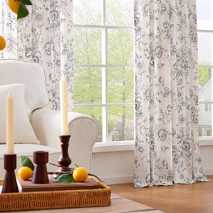 jinchan Black Floral Linen Curtains 90 Inch Vintage Back Tab 2 Panels | Light filtering drapes, semi sheer, farmhouse, cottagecore, rustic, living room, bedroom, rod pocket, window treatment