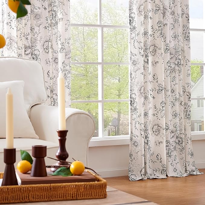 jinchan Black Floral Linen Curtains 108 Inch Farmhouse Back Tab 2 Panels | Light filtering drapes, semi sheer, farmhouse, cottagecore, rustic, living room, bedroom, rod pocket, window treatment