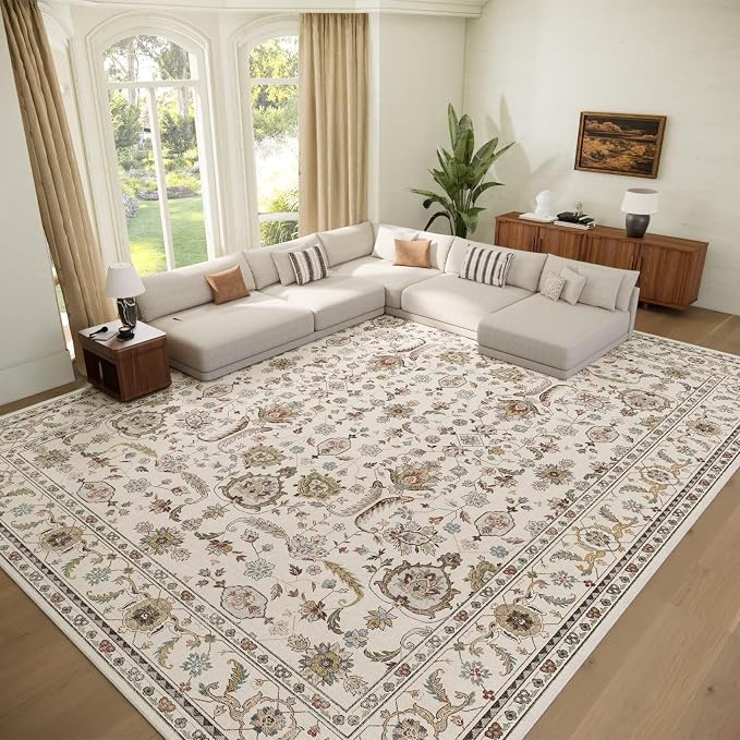 Boho Washable 9x12 Area Rugs for Living Room, Cushioned, Beige | Vintage Non-slip Neutral Oriental Rugs for Bedroom Dining Room Nursery Office High Traffic Area