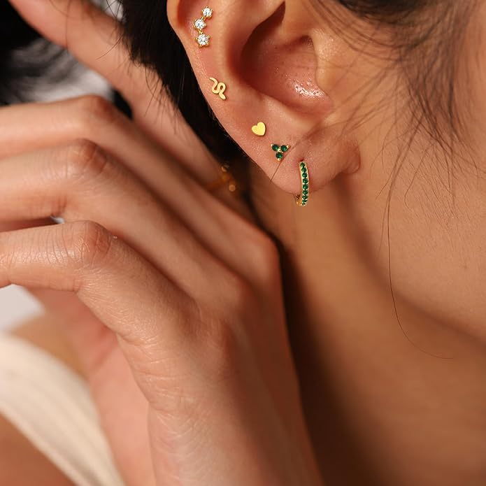 KRFY 25Pcs/17 Pairs Hypoallergenic Surgical Steel Earrings for Sensitive Ears 14K Gold Plated Flat Back Cartilage Earrings for Women Men Screw Back Flatback Stud Hoop Earring Set for Multiple Piercing