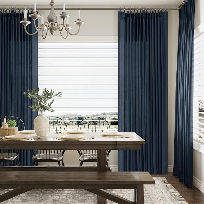 Aersas Denim Blue Pinch Pleated Linen Curtains 84 Inch Length 2 Panels for Living Room Bedroom Semi Sheer Window Curtain Boho Neutral Back Tab Pinch Pleat Drape with Hooks 40x84
