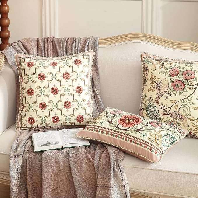 patdrea Designer French Velvet Throw Pillow Cover,Set of 4,-Kulom ABCA | Elegant Vintage Lumbar Pillow Case,Pink Floral and Leaves Pattern,Decorative Pillow Cover for Couch Living Room Bedroom