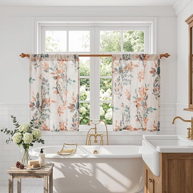 MYSKY HOME Linen Kitchen Tier Cafe Patterned Curtains 24 Inch Length 2 Panels Farmhouse Semi Sheer Privacy Small Window Treatments Rod Pocket for Bathroom Basement, Burnt Orange, 30" Each Panel