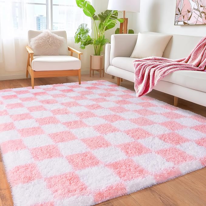 Pionblank Checkered Rug for Living Room, Modern Soft Shag 6x9 Area Rugs, Plush Fuzzy Carpet for Bedroom Girls Boys Room Home Nursery Teens Dorm Decor, Pink and White