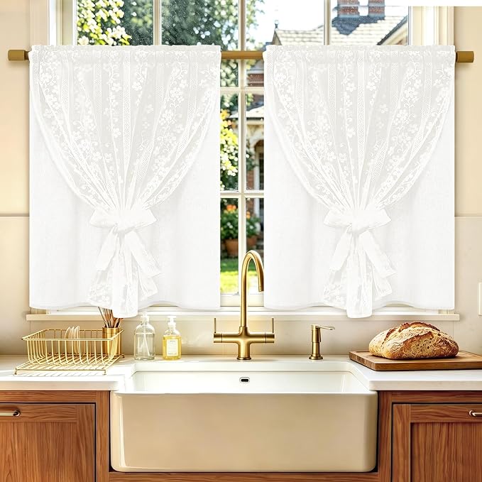 ASPMIZ Linen Kitchen Curtains Double Layer Kitchen Window Curtains Over Sink 36 Inch Length White Tier Curtain Light Filtering, Rod Pocket Cafe Curtain Short Window Treatments with 2 Tiebacks, 26x36