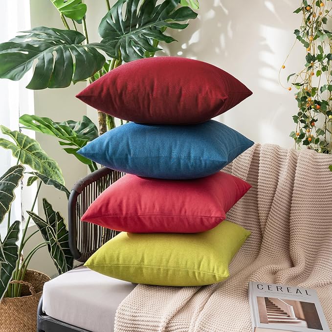 MIULEE Pack of 2 Decorative Outdoor Solid Waterproof Throw Pillow Covers Faux Linen Garden Farmhouse Cushion Cases for Patio Tent Balcony Couch Sofa 18x18 Inch Wine Red