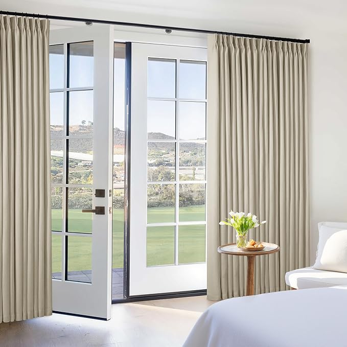 Extra Wide Burlywood Birch Pleated Blackout Linen 60 x 96 Inch Curtains | 100% Black Out, Memory Trained, Pinch Pleat with Back Tab, Noise Reducing, Thermal Insulated Neutral Window Drapes 1 Panel