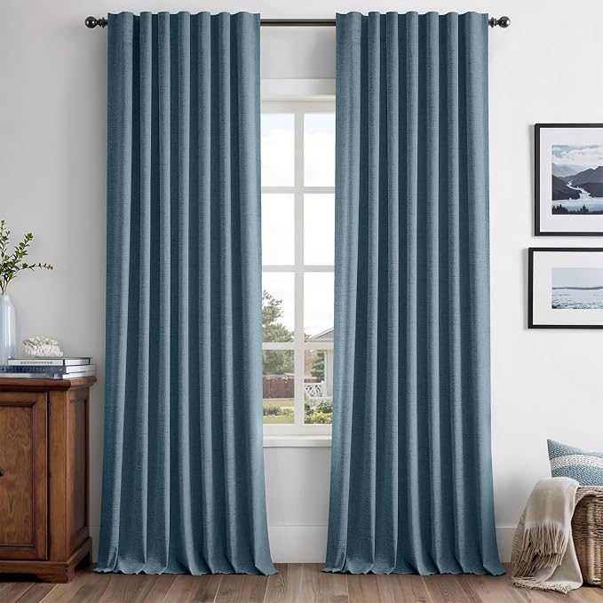 MIULEE 100% Blackout Linen Curtains 42 x 96 Inch Stone Blue 2 Panels | Thermal Insulated, Room Darkening Drapes for Bedroom Living Room, Back Tab Rod Pocket Pinch Pleated, Solid Luxury Decor