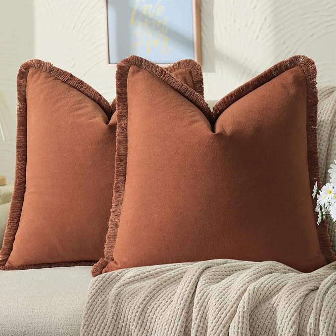 ZWJD Pillow Covers 18x18 Set of 2 Rust Throw Pillow Covers with Fringe Chic Cotton Decorative Pillows Square Cushion Covers for Sofa Couch Bed Living Room Farmhouse Boho Decor