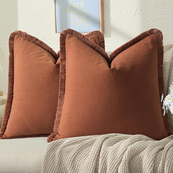 ZWJD Pillow Covers 26x26 Set of 2 Rust Throw Pillow Covers with Fringe Chic Cotton Decorative Pillows Square Cushion Covers for Sofa Couch Bed Living Room Farmhouse Boho Decor