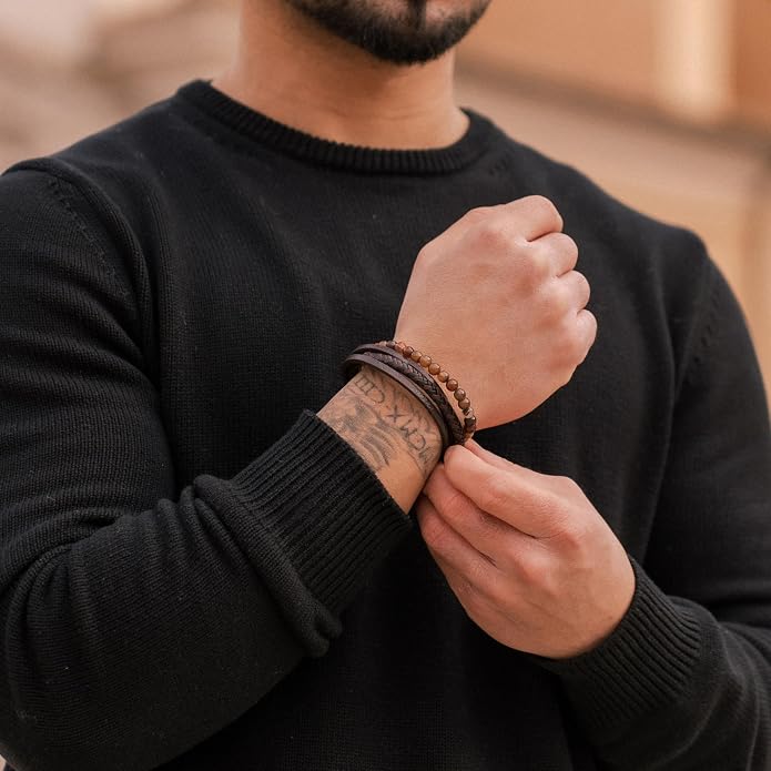 SERASAR | Premium Bracelet for Men in Genuine Black & Brown Leather | Magnetic Stainless Steel Clasp | Jewelry Box Included | Great Gift Idea