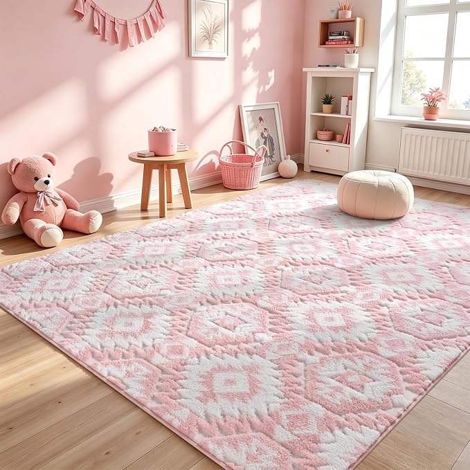 Macgace Ultra Soft Area Rug for Living Room, 5x7 Pink and White Shag Rugs | Washable Non-Slip Backing Medium Pile Modren Geometric Fuzzy Carpet for Kids Room, Girls Bedroom, Classroom, Dorm