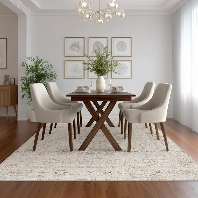 FMFUNCTEX 7x9 Washable Area Rug Beige Vintage Neutral Distressed Oriental Large Non Slip Carpet for Living Room Bedroom Soft Low Pile Indoor Mat Retro Throw Rug for Dining Room Kitchen Office Nursery