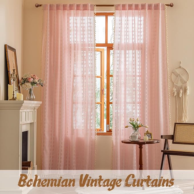 Pink Boho Sheer Curtains 72 inches Long 2 Panels for Bedroom, Light filtering Semi Sheer Bohemian French Country Privacy Tassels Vintage Chic Embroidery Stripes Window Decor Curtains Back Tab, 50" W
