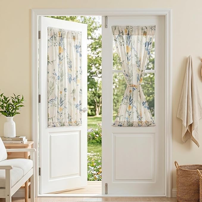 MYSKY HOME Floral Linen Door Curtains Blue Farmhouse Privacy Door Window Curtains Semi Sheer Doorway Light Filtering Rod Pocket Curtain Patio Glass Door, 26 x 40 inches Long, 2 Panels