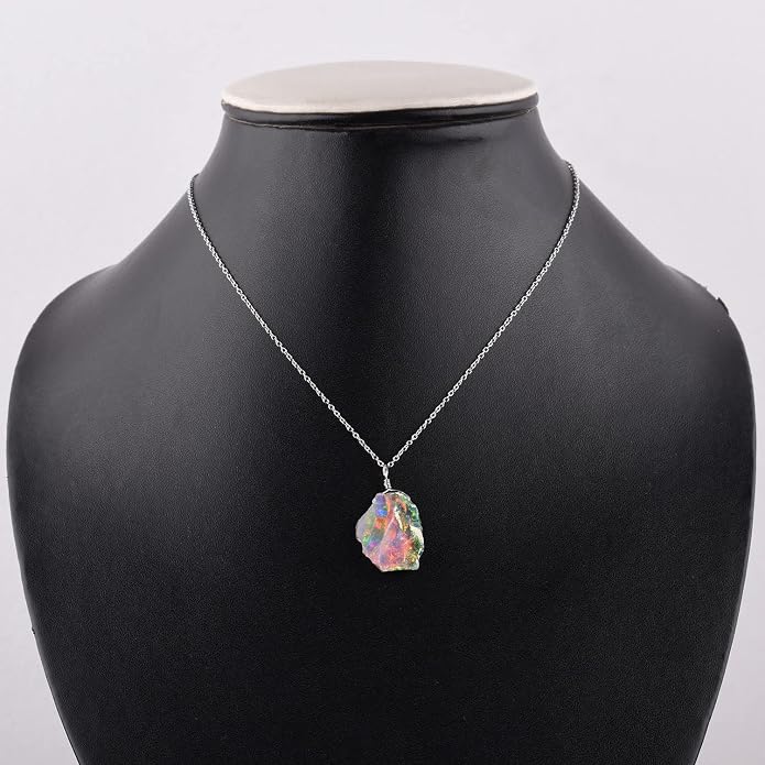 Raw Ethiopian Fir Opal Pendant Necklace for Women, Dainty Pendant, Handmade October Birthstone, Hypoallergenic Spiritual Healing Stone 925 Sterling Silver Chain 20" Birthday Gifts