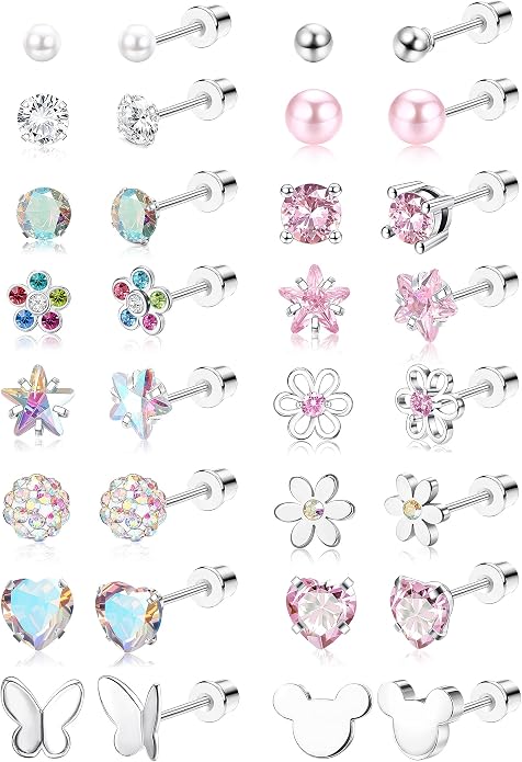 CASSIECA 16 Pairs Hypoallergenic Screw Back Earrings for Women Girls 316L Stainless Steel CZ Ball Heart Flower Screwback Flat Back Stud Earrings Jewelry Gift Women Multicolored Pink