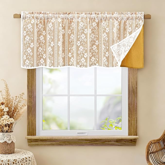 ASPMIZ Linen Valances for Windows Double Layer Valance Curtains with Lace Overlay, Mustard Yellow Kitchen Curtains Light Filtering, Rod Pocket Window Valances for Living Room, Kitchen, Cafe, 52x18