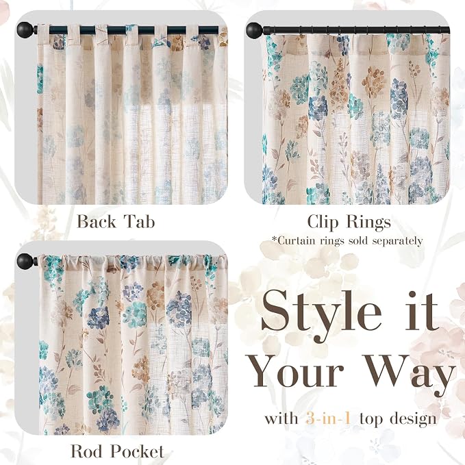 jinchan Floral Linen Curtains 63 Inch Vintage Cottagecore Back Tab 2 Panels | Light filtering drapes, semi sheer, farmhouse, botanical, watercolor, living room, bedroom, rod pocket, window treatment