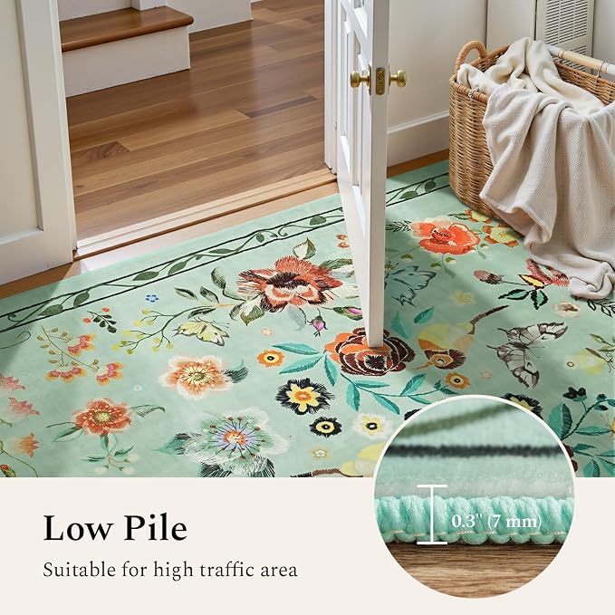 Rugflix 2x3 Small Area Rugs for Entryway, Washable Entrance Door Mat Non-Slip, Soft Low Pile Stain Resistant Vintage Floral Indoor Throw Rug for Kitchen, Bedroom, Hallway, Green