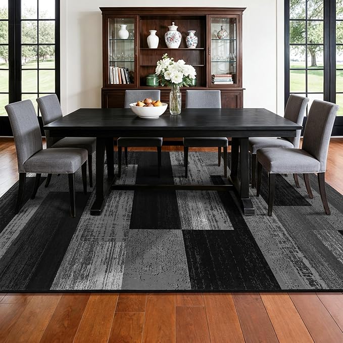LIANLAM 6x9 Washable Area Rugs for Living Room and Bedroom(6x9,Black&Gray) | Non-Slip Large Carpet,Vintage Checkered Pattern, Stain Resistant Faux Wool Low Pile Soft Rug for Dining Room,Office,Nursery