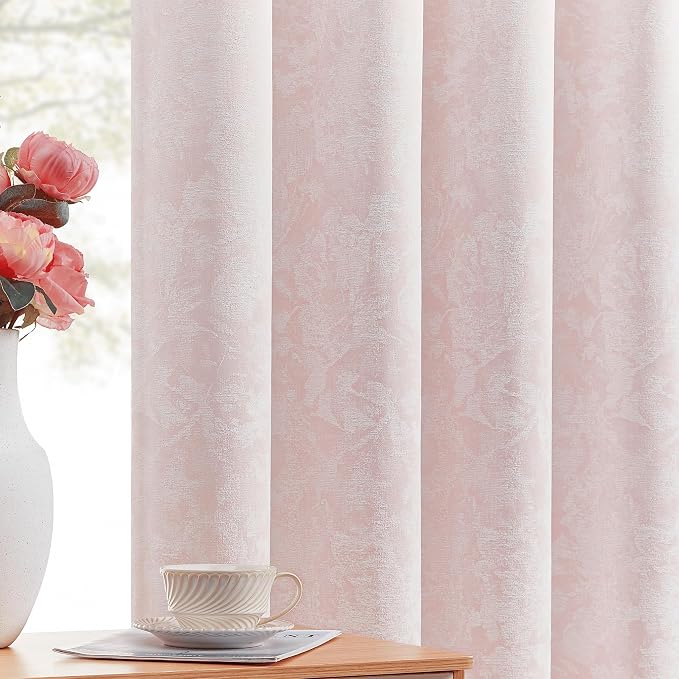 Beauoop Pink Floral Jacquard Blackout Curtains for Bedroom 52x96 2 Panels | Flower Chenille Room Darkening Drapes for Living Room 96 Inch Long Thermal Insulated Soundproof Window treatment Grommet
