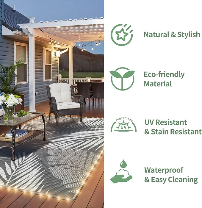 GENIMO Outdoor Rug, Waterproof Plastic Rugs for Patio, 9'x12' Led Grey | Outside Larger Leaf Carpet Mat for Porch Decor, Deck, Balcony, Camping, RV, Backyard, Picnic, Beach, Reversible, Foldable