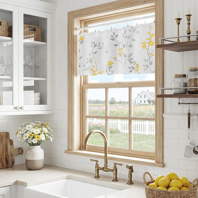 Beauoop Floral Valance Curtains for Kitchen Yellow Grey 52X18 Inch 1 Panel | Flower Patterned Yellow White Blackout Short Curtains for Living Room Bedroom Cafe Thermal Small Window Curtains Rod Pocket
